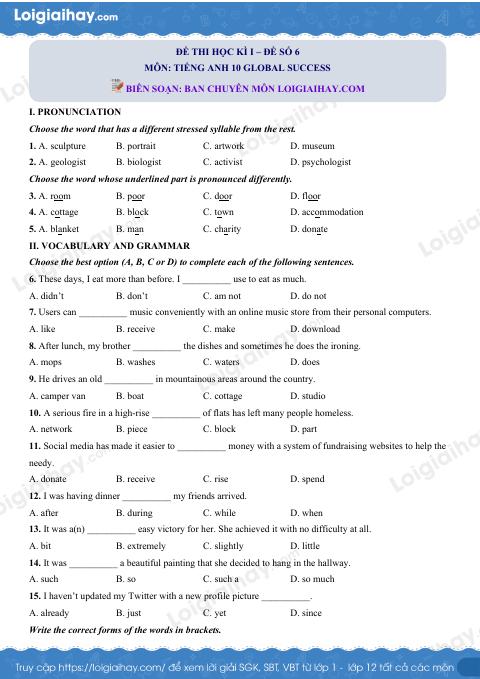 Đề thi học kì 1 Tiếng Anh 10 Global Success - Đề số 6